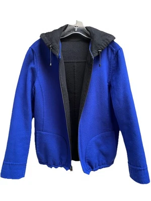 Chaqueta Bomber Akris Punto Talla 6 S 4 en 1 Reversible Azul Negro Capucha Extraíble Foto 1 de 4