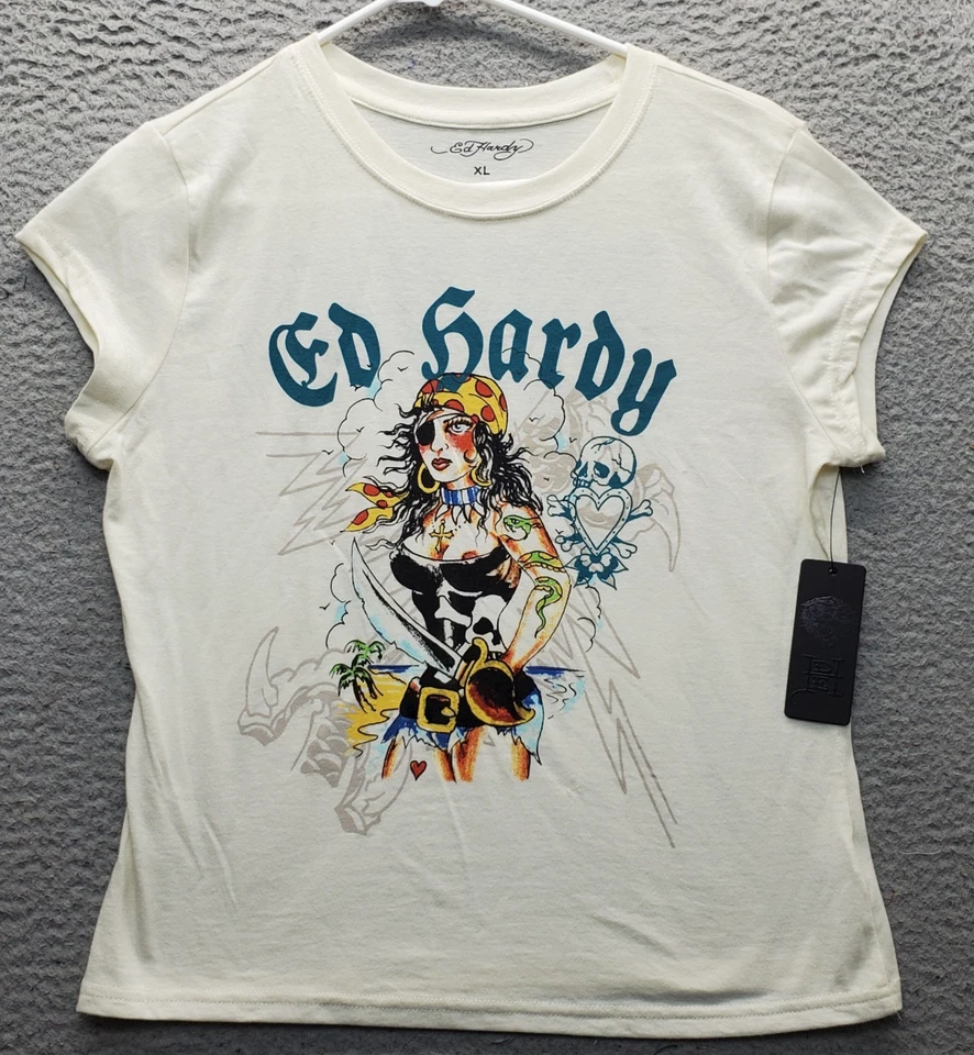 Ed Hardy T-Shirt Youth XL Tan Graphic Regular Fit Cap Sleeve Crew Neck Pullover - Image 1 of 4