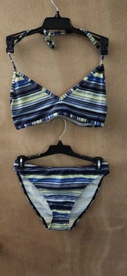 Blue, Green,Black Stripe Triangle Style Juniors Bikini Swimsuit Size Small 6 - Image 1 of 4