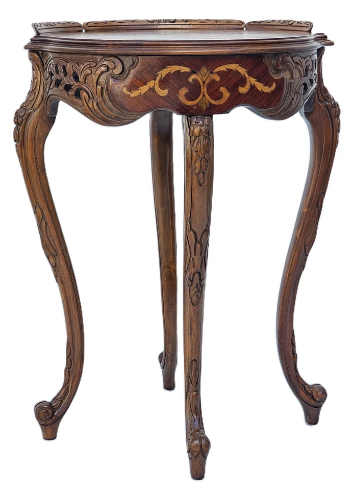 Lámpara lateral francesa vintage tallada en nogal mesa incrustación floral y patas descapotables años 30 Foto 1 de 4