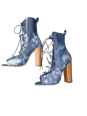 Bota Liliana Denim Peep Toe Salto Bloco com Cadarço Tamanho 5-1/2 Feminina Nunca Usada - Imagem 1 de 4