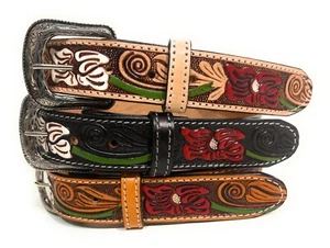 KIDS WESTERN LEATHER BELT, GIRLS FLORAL DECORATED COWBOY COWGIRL RODEO BELT - Picture 1 of 12