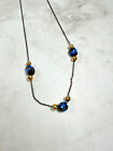 Gold Tone Necklace with Three Cobalt Blue Beads - 14"