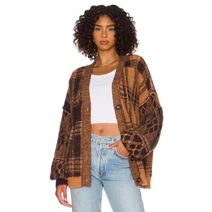 Free People NWT Sepia Plaid Jacquard Oversize Cardigan Birchwood Combo Medium - Picture 1 of 8