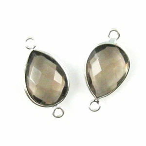 Bezel Gem Links - Sterling Silver -Faceted Teardrop Shape -Smokey Quartz (2 Pcs) - Picture 1 of 2
