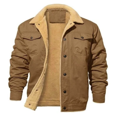 Men's Sherpa Trucker Jacket 5 Pockets Cotton Cargo Work Lapel Collar Winter Coa△ - Image 1 of 4