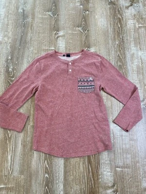 Volcom Long Sleeve Henley Button Henley Terry Cloth Shirt Red Aztec Men Small - Image 1 of 4