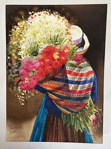 Watercolor Original Peruvian Artist Rafael Grovas Native Woman Flowers Portrait - Picture 1 of 3