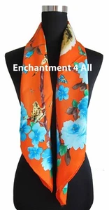 Large Silk Twill Floral Scarf Wrap w/ Squirrel, Bird & Butterfly, Orange - Picture 1 of 5