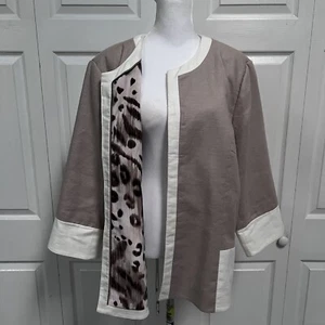 CHICO’S Women Size 4 Reversible Jacket Linen Taupe & Leopard 3/4 Sleeves Open  - Picture 1 of 12