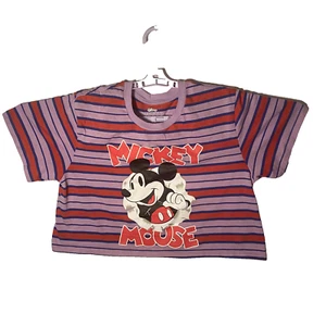 Disney Womens Multicolor Striped Cropped Baby Mickey Mouse T-Shirt Size Large - Picture 1 of 7