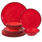 Rustic Melamine Plates And Bowls Set, 12 Piece Farmhouse Dinnerware Sets Red