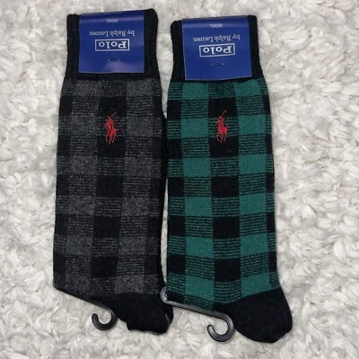 Lote 2 Calcetines Polo Ralph Lauren Para Hombres Bota de Lana Búfalo Lana a Cuadros Negro Verde Foto 1 de 4