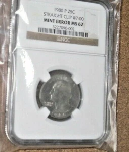 1980 P 25c Quarter Straight Clip @7:00 Mint Error NGC MS 62 Coin - Picture 1 of 3