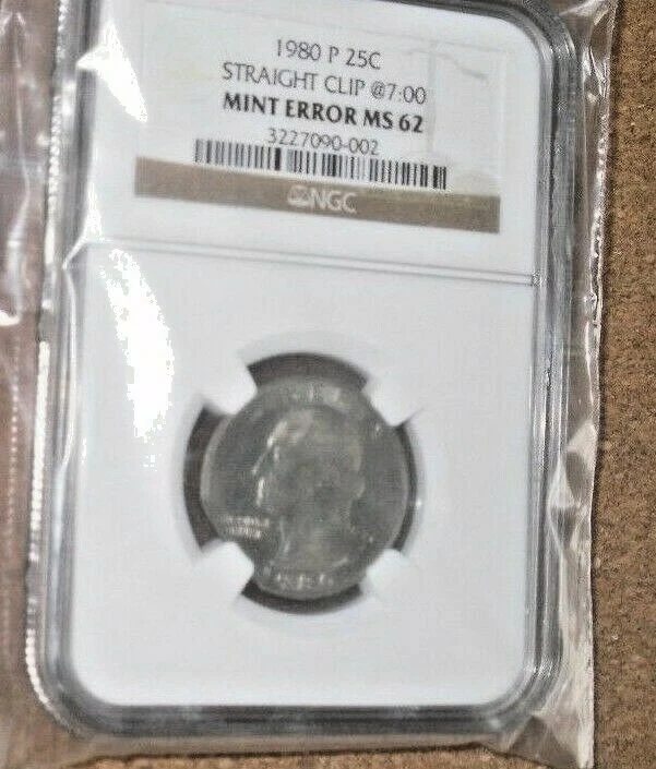 1980 P 25c Quarter Straight Clip @7:00 Mint Error NGC MS 62 Coin - Image 1 of 3