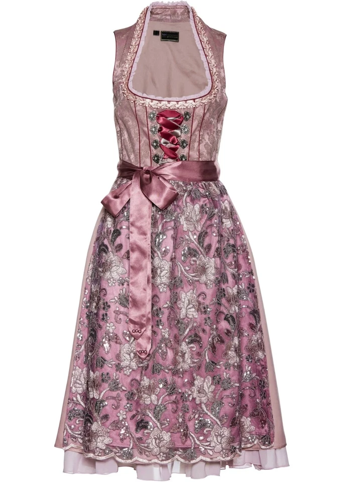 Dirndl mit Pailletten-Schürze Gr. 36 bis 54 Altrosa Damen Trachten Kleid Neu - Bild 1 von 4
