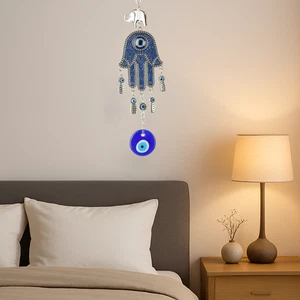 Large Blue Evil Eye Glass Wall Hanging Hamsa Hand & Elephant Charm YV-040 - Picture 1 of 10