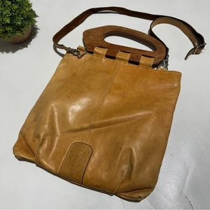 Vintage hellbraun Echtleder Holzgriff Umhängetasche Handtasche - Bild 1 von 13