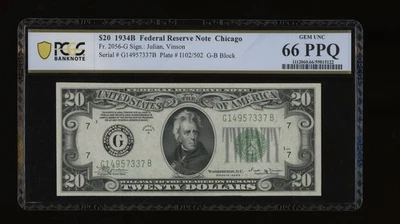 DBR 1934-B $20 FRN Chicago Vinson Gem Fr. 2056-G PCGS-B 66 PPQ Serial G14957337B - Image 1 of 2
