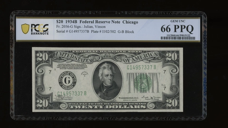 DBR 1934-B $20 FRN Chicago Vinson Gem Fr. 2056-G PCGS-B 66 PPQ Serial G14957337B - Image 1 of 2