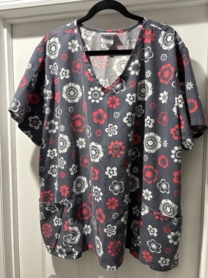 SB Scrubs Slate Gray And Red And White Flowers Medical Scrub Top Size 3X - Image 1 of 4