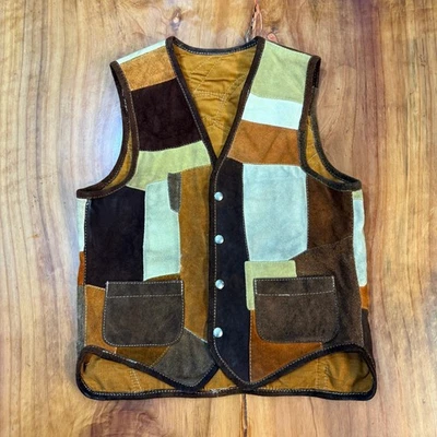 Vintage 70's Handmade Patchwork Vest Suede Leather Snap Western Hippie K23 - Image 1 of 4