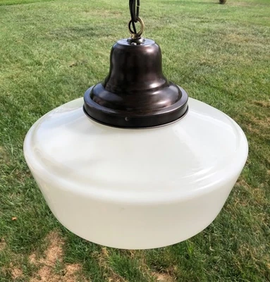 Vintage 1930's School House Pendant Light  Milk Glass Globe Antique. - Image 1 of 4