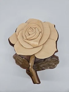 Hand Crafted Carved Wooden Rose Trinket Jewelry Box Aspen Poplar Walnut Wood - Picture 1 of 16