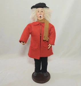 Vtg Christmas Carolers Old Gentleman Mouth Open Ready to Sing Figurine Wood Base - Picture 1 of 9
