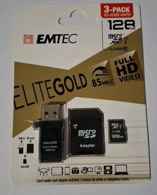 EMTEC 3-PACK ELITE GOLD 84MB ,128GB. FULL HD VIDEO.MSD+READER+ADAPTER. Free Post - Image 1 of 3