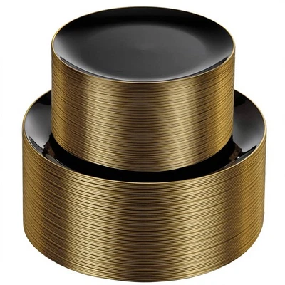 Placas negras y doradas de 100 piezas - Placas de plástico negras desechables con borde dorado... Foto 1 de 4