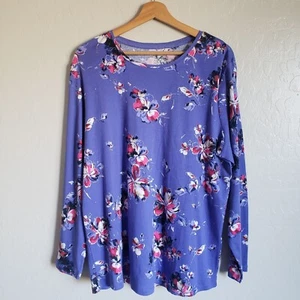 Chico's Brisk Floral Purple Scoop Neck Top 100% Cotton Long Sleeves Size XXL NEW - Picture 1 of 12