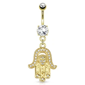 14KT Gold Plated Jewish Hamsa Hand Evil Eye Dangling Navel Belly Button Ring 14g - Picture 1 of 2