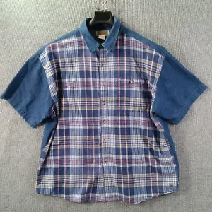 Jordache Button Up Jean Shirt Mens XL Blue Dark Wash Denim Plaid Color Block - Picture 1 of 10