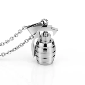 Silver Stainless Steel Mini Grenade Pendant Necklace, Army, Veteran, Bruno Mars - Picture 1 of 8