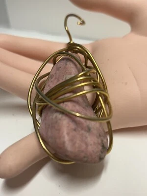 Pendant Pink Coral Gemstone Gold Tone Wire Wrapped Handmade Jewelry 2” - Image 1 of 4