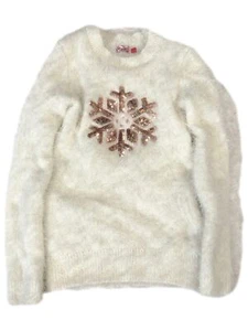 Girls Fuzzy Plush Ivory & Rose Gold Sequin Snowflake Sweater Large (10-12) - Picture 1 of 2