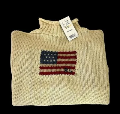 Novo com etiquetas Suéter Vintage Ralph Lauren Malha de Mão Rolada Decote Funil Bandeira Americana - Imagem 1 de 4