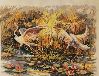 Cross stitch painted AIDA canvas tapestry PA1769 Flamingo Dance 15"x19"  - Image 1 of 2