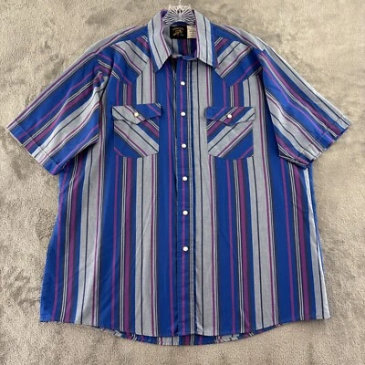 Vintage Saddle King Western Snap Shirt Short Sleeve Mens 17.5 Blue Purple Stripe - Image 1 of 4