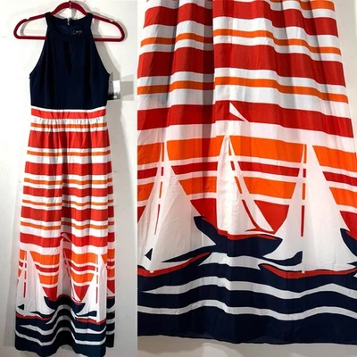 Kensie Maxi Vestido Rayas Talla 4 Veleros Náuticos Rojo Blanco Azul Verano Nuevo con Etiquetas Foto 1 de 4