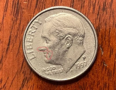 1997 P Roosevelt Dime DIE CHIP on nose Error and near mouth  - Image 1 of 3