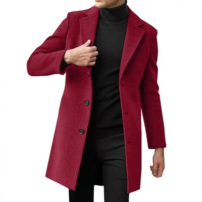 Men Single Breasted Trench Coat Pea Coat Notch Lapel Long Casual Overcoat - Image 1 of 4