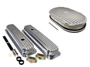 Small Block 350 Chevy Finned Aluminum Short Style Valve Covers & 15" Air Cleaner - Picture 1 of 1