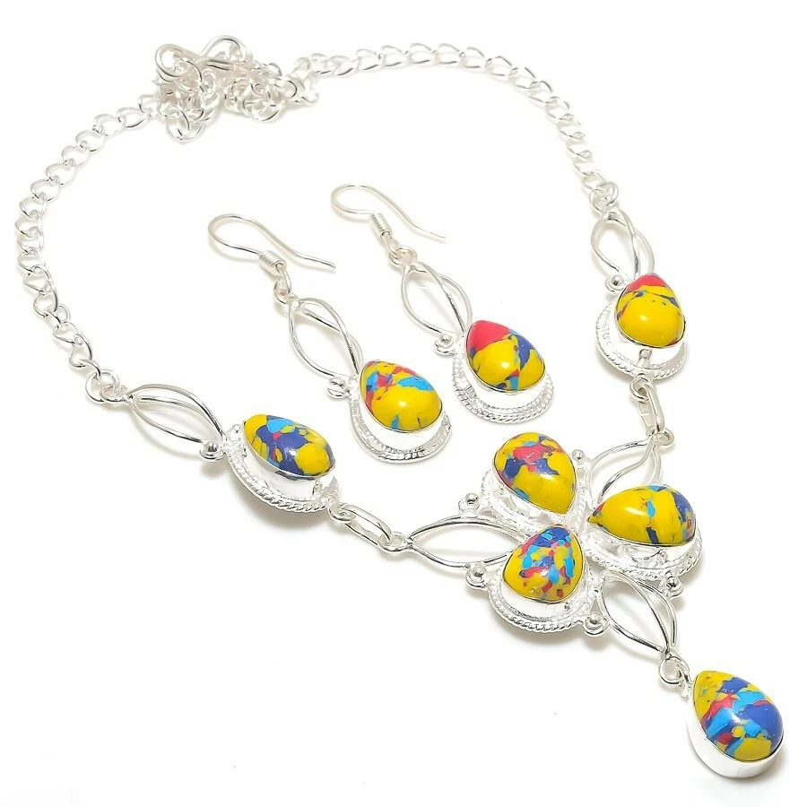 Collares de joyería de plata de ley 925 hechos a mano con piedras preciosas de jaspe de mosaico talla 18" Foto 1 de 1