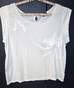 Gap Women's XL White, Embroidered Floral Round Neck Cap Short-Sleeve Blouse Top - Picture 1 of 15