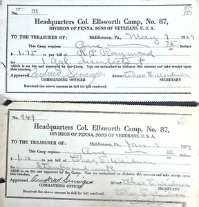 1929 Sons of Veterans Vouchers – Col. Ellsworth Camp No. 87, Middletown, PA - Picture 1 of 5