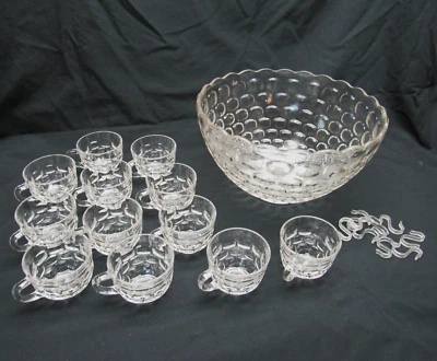 Federal Glass Co Jubilee Punch Bowl Set 12 Cups Ladle hooks Thumbprint Design - Image 1 of 4