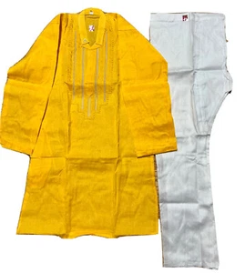 Pijama Kurta Niño Talla 34 India Pakistán 12-13 Años Bollywood Amarillo Blanco Algodón-2 piezas - Imagen 1 de 9