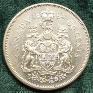 Royal Coat of Arms Canada 1964 50-Cent Coin, KM #56, Canadian 80% Silver Coin - Picture 1 of 4